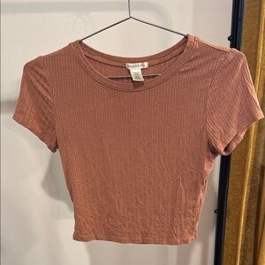 Bozzolo Brown Ribbed Crop T-Shirt Short Sleeve